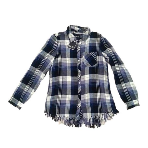 NANETTE LEPORE Matthew PLAID Fringe Hem Button SHIRT Blue / White ( M ) - Picture 1 of 1